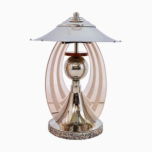 Art Deco FrenchRound Chromed Table Lamp with Rosaline Colored Glass Arches, 1930s