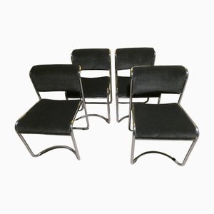 Chaises de Salle à Manger en Acier et Velours Gris, Italie, 1970s, Set de 4