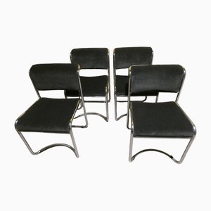 Steel and Gray Velvet Dining Chairs, Italy, 1970s, Set of 4