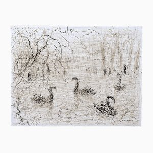 Helène Neveur, Cisnes en el lago, Dibujo original firmado a mano en tinta china, Mediados del siglo XX