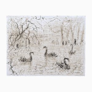 Helène Neveur, Swans on Lake, Dessin Original Signé à la Main à l'Encre de Chine, Milieu du 20e Siècle