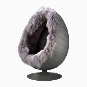 Chaise Music Pod en Cuir Gris et Peau de Mouton Islandais à Poil Long avec Haut-Parleur Bluetooth, 2000s