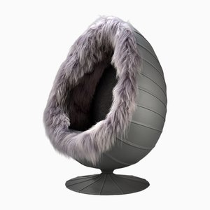 Music Pod Chair aus grauem Leder & isländischem Langhaar mit Bluetooth Lautsprecher, 2000er