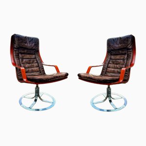 Scandinavian Leather Slim Lounge Chairs by Christer Nilsson, 1970s, Set of 2