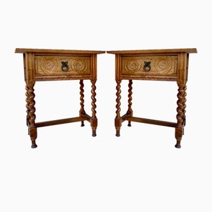 20th Spanish Nightstands with Carved Drawer and Stretcher, 1940, Set of 2