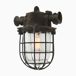 Lampada vintage industriale in vetro trasparente e ferro