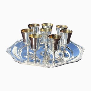 English Silver-Plated Goblets on Tray, Set of 9