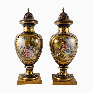 Covered Vases in Sèvres Porcelain and Gilt Bronze, Set of 2