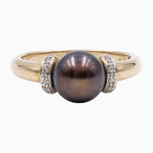 Vintage 9k Yellow Gold Ring with Tahitian Pearl and Diamonds, 1970s