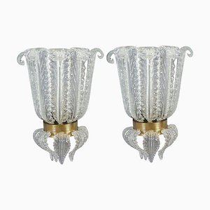 Art Deco Brass Mounted Murano Glass Sconces by Ercole Barovier, 1940, Set of 2