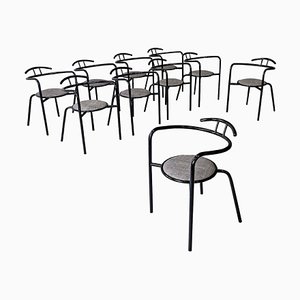 Italian Modern Black Metal and Grey Fabric Chairs with Round Seats, 1980s, Set of 10