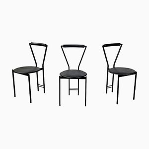 Italian Modern Chairs in Black Metal Leather and Rubber, 1980s, Set of 3