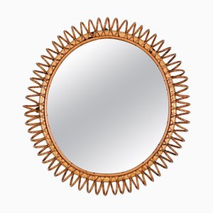 Mid-Century Spring Round Shape Mirror in Rattan, Wicker and Bamboo, Italy, 1960s