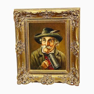 J. Gruber, Portrait of a Bavarian Folksy Man with Beer Mug, Oil on Wood, 1950s