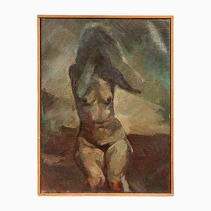 Figura desnuda contemplativa, siglo XX, pintura al óleo, enmarcada