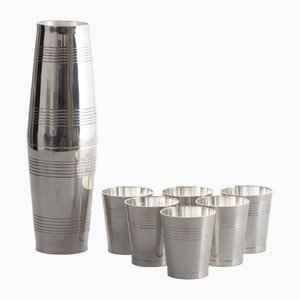 Shaker e tazze da cocktail Art Déco placcati in argento, set di 7