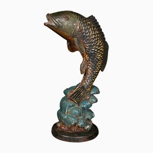 Antique English Victorian Anglers Door Stop Fish Statue in Cast Iron, 1900s