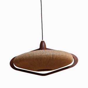 Lampada da soffitto Mid-Century con struttura in teak e paralume in plastica rivestito in sisal di Temde, anni '60