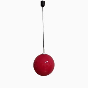 Ceiling Lamp with Spherical Red Glass Shade, 1970s