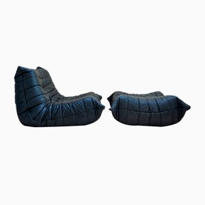 Togo Lounge Chair and Footstool in Black Leather by Michel Ducaroy for Ligne Roset, 1990s, Set of 2