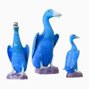 Patos Mid-Century turquesa de porcelana china, años 50. Juego de 3