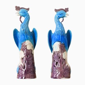 Paons Mid-Century en Porcelaine Turquoise, 1950s, Set de 2