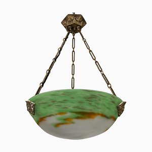 Lámpara colgante francesa Art Déco de vidrio verde de Muller Frères Luneville, años 20