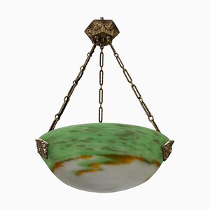 Lampe à Suspension Art Déco en Verre Vert par Muller Frères Lunéville, France, 1920s