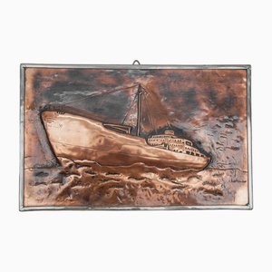 Handmade 3D Copper and Brass Ship Relief Mural