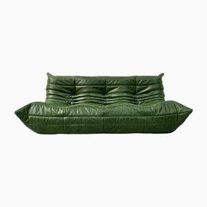 Togo Sofa aus Grünem Leder von Michel Ducaroy für Ligne Roset, Frankreich, 1970er