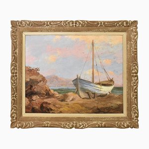 Léon Zeytline, Cote d'Azur Seascape with White Boat, Début du 20e siècle, Peinture à l'huile, Encadrée