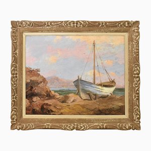 Léon Zeytline, Paesaggio marino della Costa Azzurra con barca bianca, Inizio XX secolo, Dipinto ad olio, Con cornice