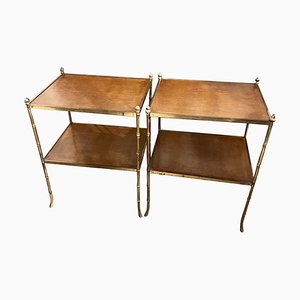 Mid-Century French Brass with Leather Topped Side Tables, 1960s, Set of 2