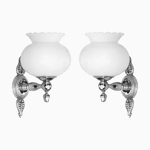 Empire Revival Wall Sconces in Opaline and Chrome, France, 1970, Set of 2