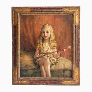 William A. Cuthbertson, niña con varita, de principios del siglo XX, óleo sobre lienzo, enmarcado