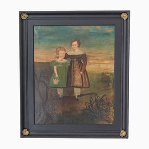 Artista escolar estadounidense, niños de pie en un paisaje, siglo XIX, gran óleo sobre lienzo