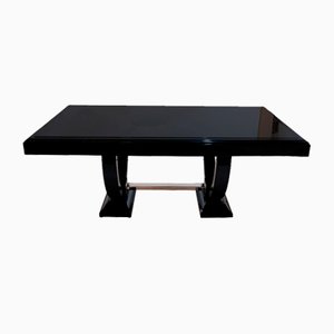 French Art Deco Dining Table in Black Piano Lacquer with U-Shaped Legs, 1930s