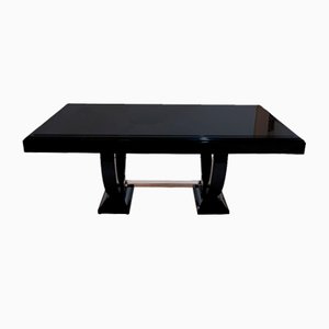 Mesa de comedor francesa Art Déco de laca de piano negra con patas en forma de U, años 30