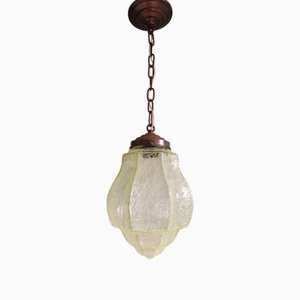 Art Decor Hanging Lamp in Pale Green Crackled Glass, 1930s