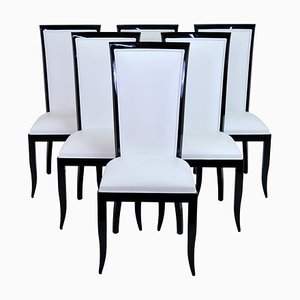Art Deco Esszimmerstühle aus schwarzem Lack & weißem Leder, 1930er, 6er Set