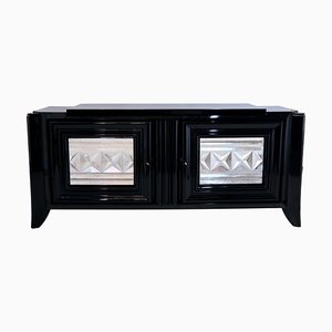 Art Deco 2-Door Sideboard in Black Piano Lacquer with Silvered Front, 1930s