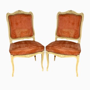 Louis XV Chairs in Off-White with Crackle Effect, Dark Pink Velvet, 1950s, Set of 2
