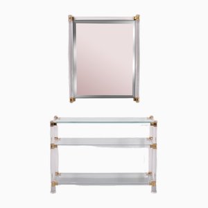 Hollywood Regency Acrylic Glass Console Table and Mirror, France, 1972, Set of 2