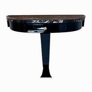 Art Deco Semicircular Console Table in Black Lacquer with Marble Top and Drawer, 1930s