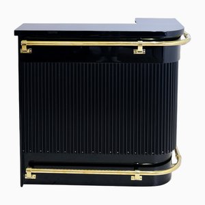 French Art Deco Bar Counter in Black Piano Lacquer and Brass, 1930s