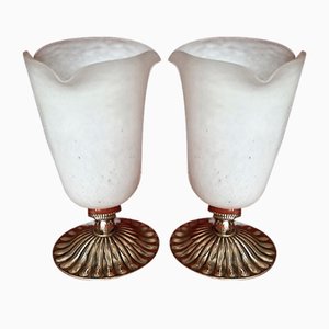 Vintage Art Deco Lamps with Mottled White Glass Shades and Bronze and Brass Bases, France, 1930s, Set of 2