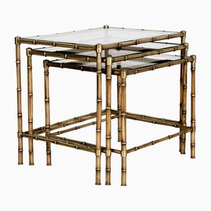 Tables in Brass, Bamboo and Glass from Maison Baguès, 1970s, Set of 3