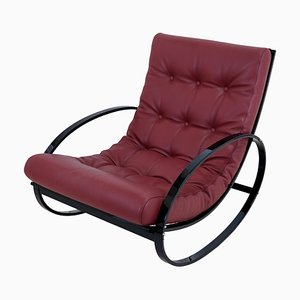 Rocking Chair Mid-Century en Tube d'Acier Noir avec Rembourrage en Cuir Rouge