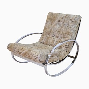 Mid-Century Modern Chrome Steel Tube Rocking Chair with Croco-Style Upholstery