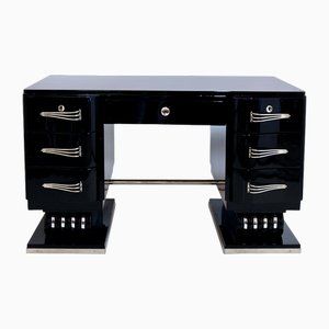 French Art Deco Desk in Black Lacquer with Nickeled Metal Applications, 1930s